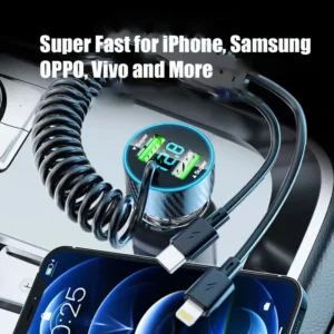  4 in 1 Super Fast Charge USB Car Phone Charger Adapter with Retractable Cable LED Voltage Monitor for iPhone Samsung Huawei