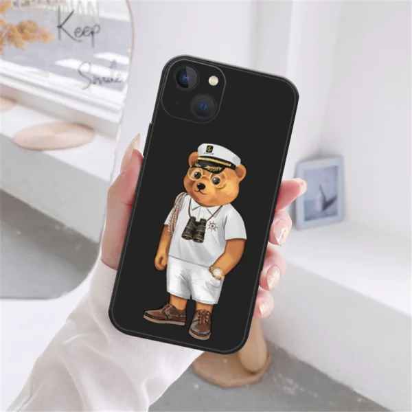 Cute Bear Fashion Brand Protective Case for IPhone 13 12 11 14 15 16 Pro Max 15 16 Plus 13MINI Black Silicone Soft Bumper Cover - Image 3